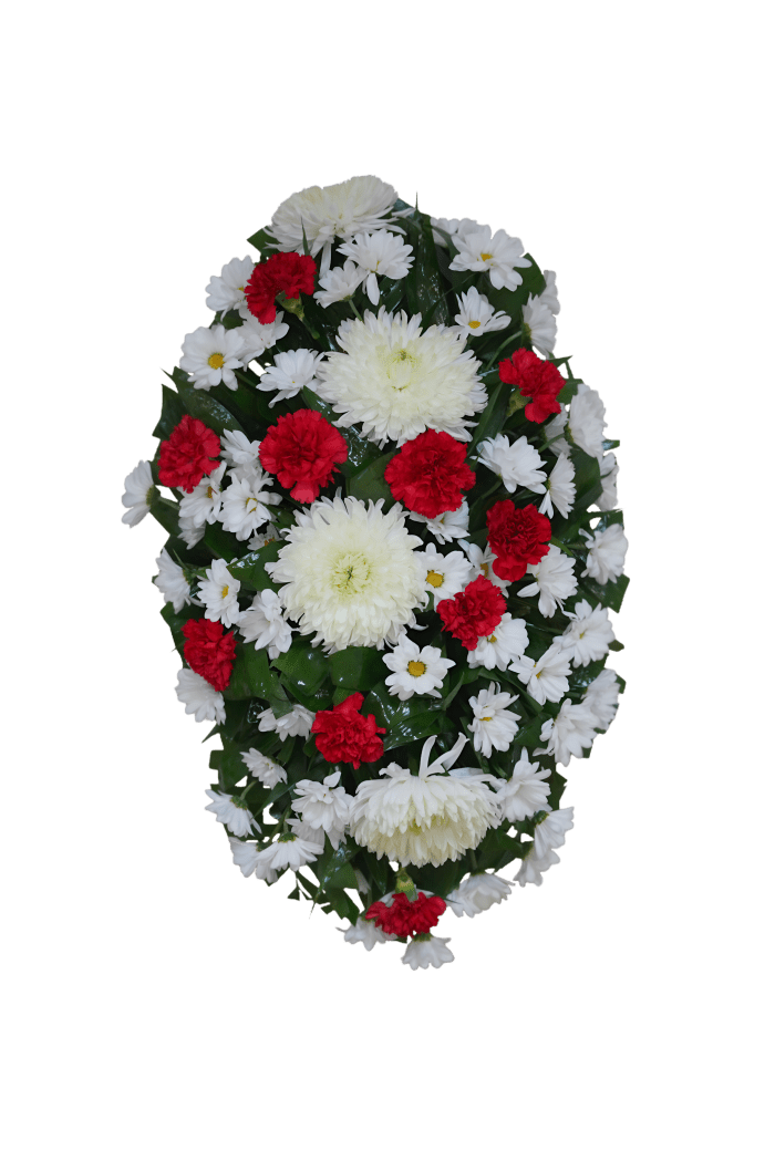 FS-4 Corona de margaritas, claveles y crisantemos con cinta impresa