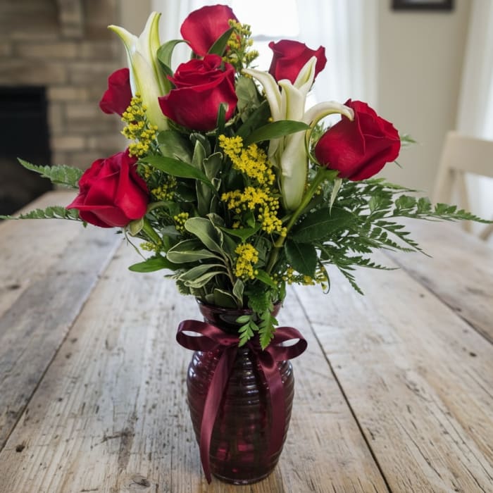 Six Roses With Lilies