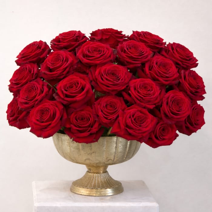 The Grand Amour — Three Dozen Red Roses in Gold Urn