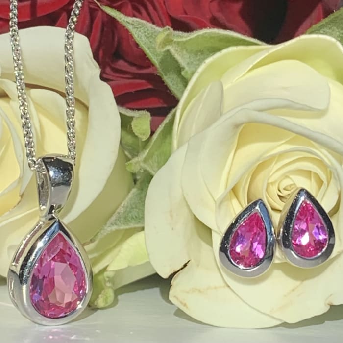 Lab Pink Sapphire Earrings & Pendant Set