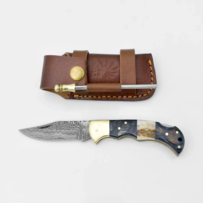 Damascus Steel Pocket Knife Limited Run Black Diamond Wood and Stag Horn