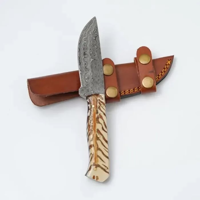 Handmade Damascus Steel Knife with Camel Bone Handle & Leather Sheath