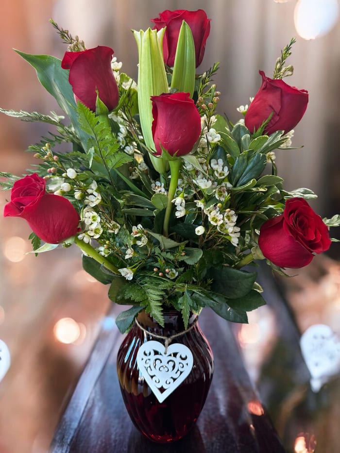 Valentine's Day Six Rose with Oriental Lily Vase