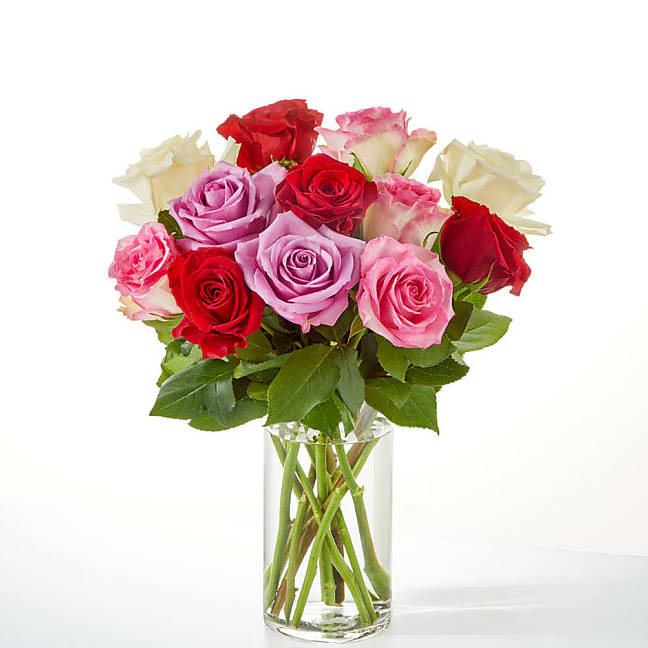 RED, PINK, LAV, WHITE ROSES IN VASE