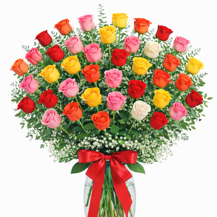 Three Dozen Mixed Color Roses In A Vase