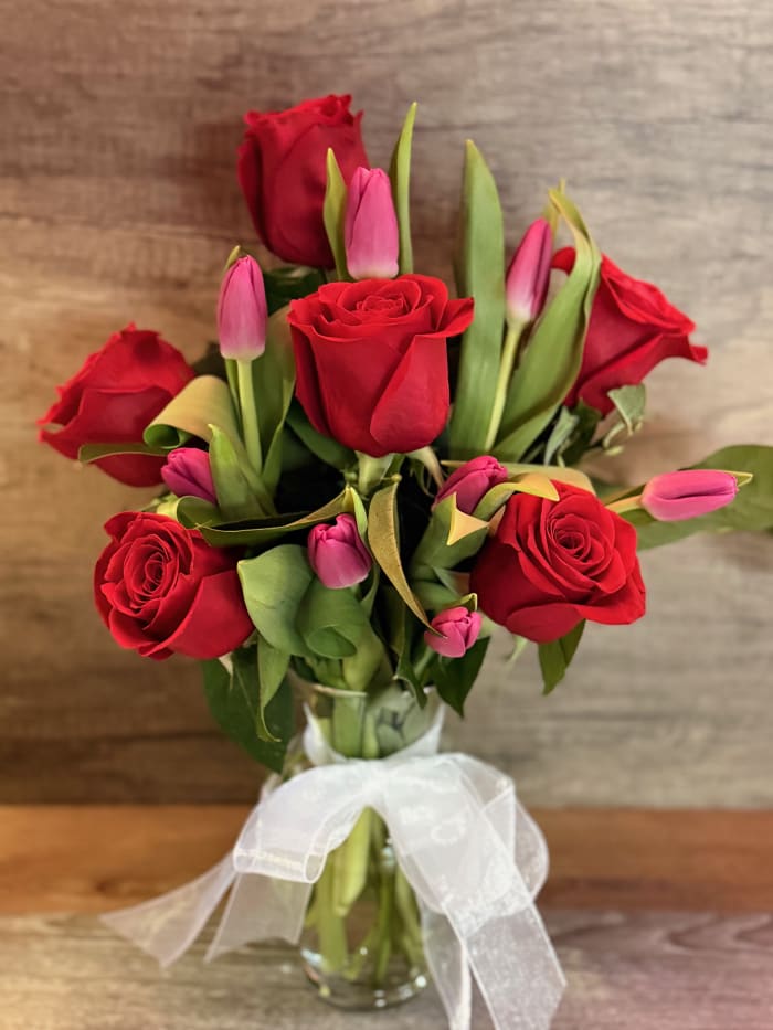 Valentine- 6 Rose and Tulip  Vase Arrangement
