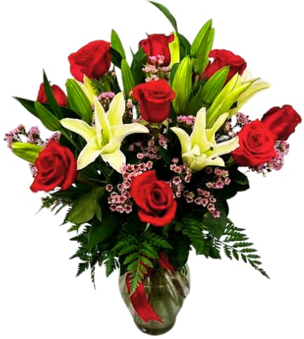 12 Long Stem, Red Roses with White Lilies VM-1707