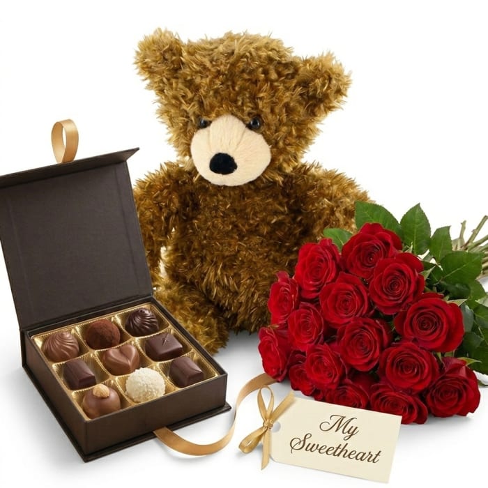 The Sweetheart — Roses, Chocolates & Teddy Bear Gift Set
