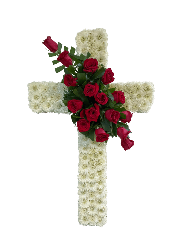 D-4 Cruz de pompones y slash de rosas. Incluye mensaje impreso en cinta.