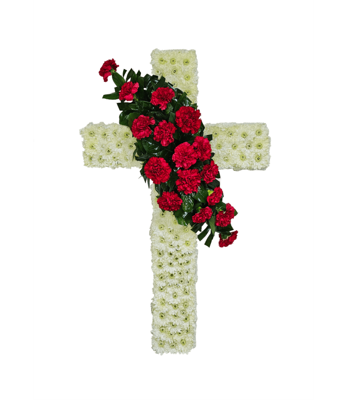 D-2 Cruz de pompones con focal en claveles. Incluye mensaje impreso en cinta.