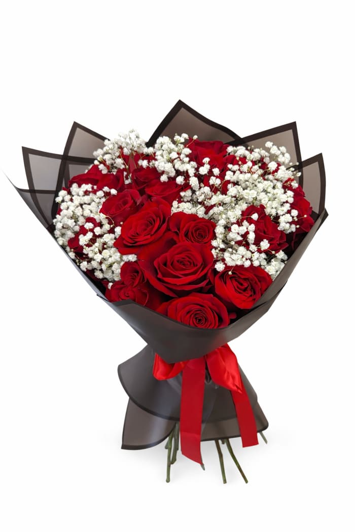 RED ROSES WITH BABY'S BREATH