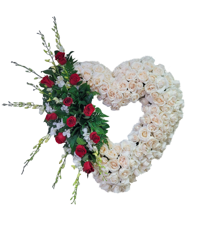 D-25 Corazon en rosas con focal en rosas y orquídeas con cinta impresa