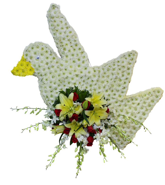 D-15 Paloma con focal en rosa, lirios y orquideas. Incluye mensaje impreso en cinta.