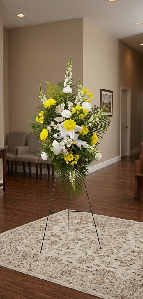 Silent Tribute Standing Easel Spray in Yellow and White