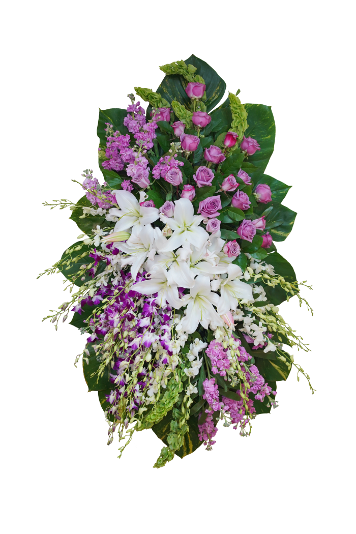 C-25 Corona de rosas, lirios y orquídeas con cinta impresa