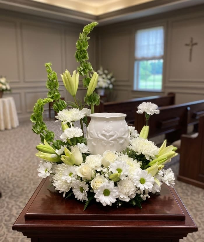 All White Cremation Urn Wreath