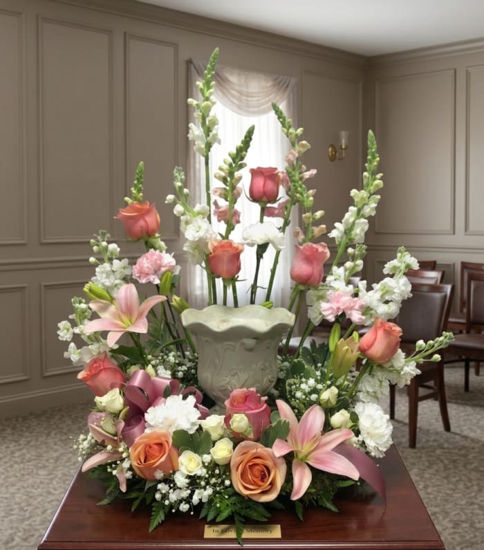 Pink and White Cremation Urn Wreath