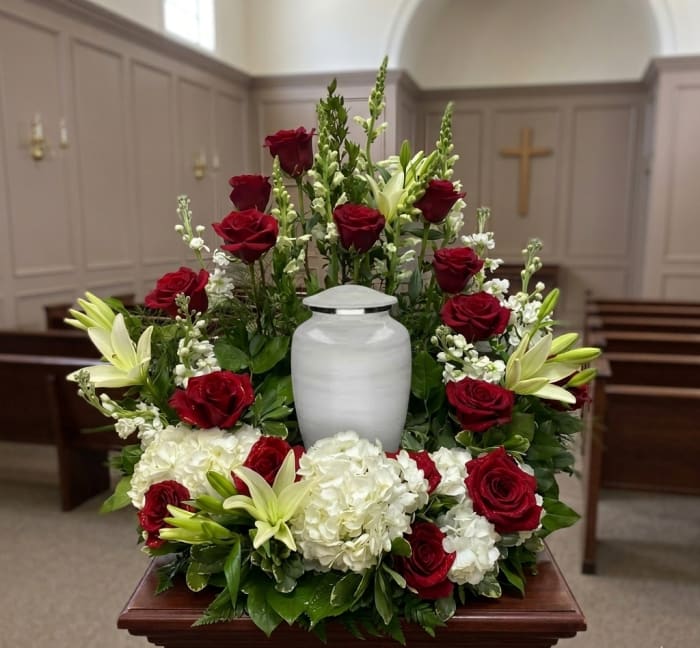 Missing You Red & White Urn Arrangement