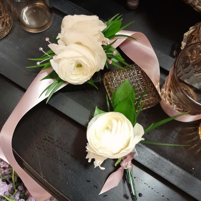 ribbon tie corsage and boutonniere -Ranunculus