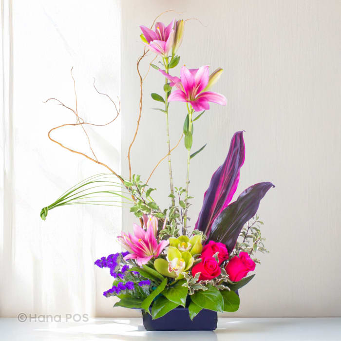Pink Lily & Cymbidium Orchids Zen garden 