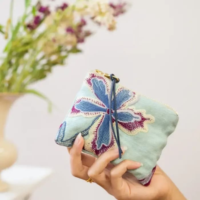 Enchanting Azure Embroidered Mini Pouch