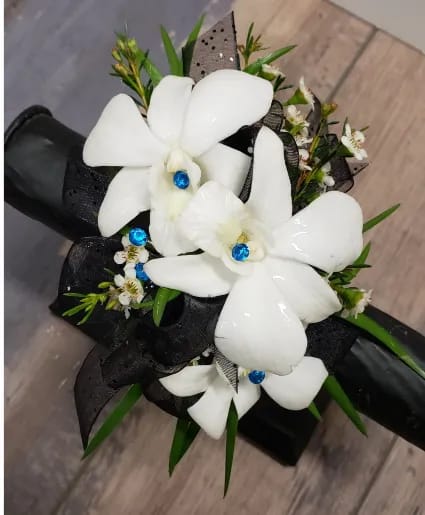 WHITE DENDROBIUM ORCHID W/ BLUE RHINESTONES