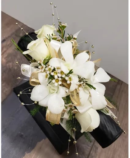 WHITE DENDROBIUM ORCHID, WHITE ROSES W/ GOLD BEADS