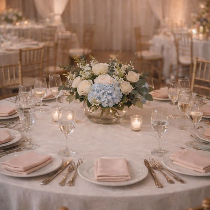 WC-5 Centro de mesa en rosas, hortensias, stock, eucalipto silver y eucalipto blue