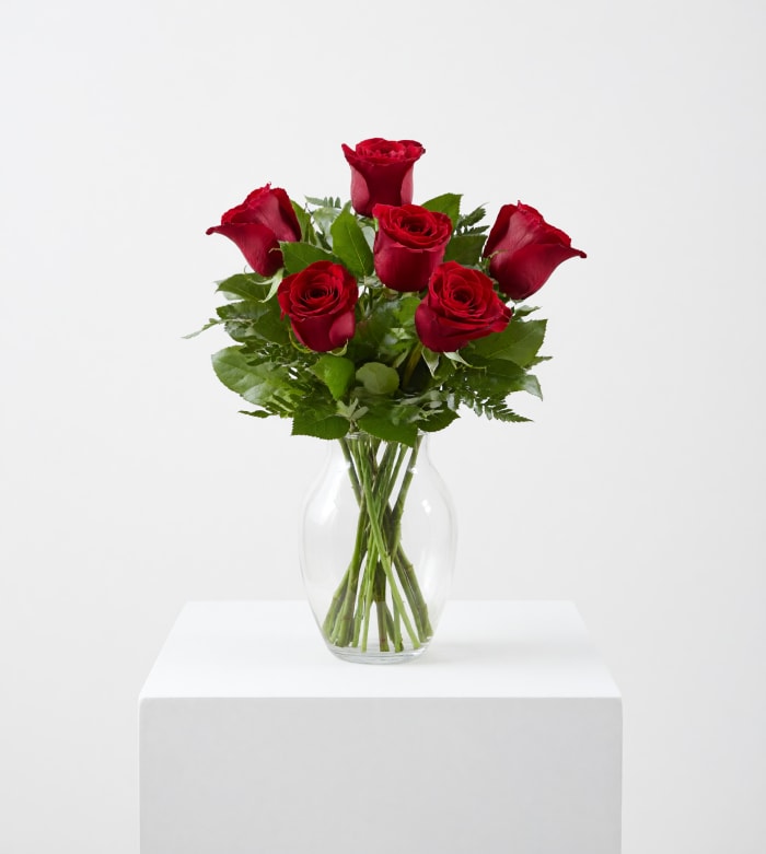Six Long Stem Red Roses in a Vase