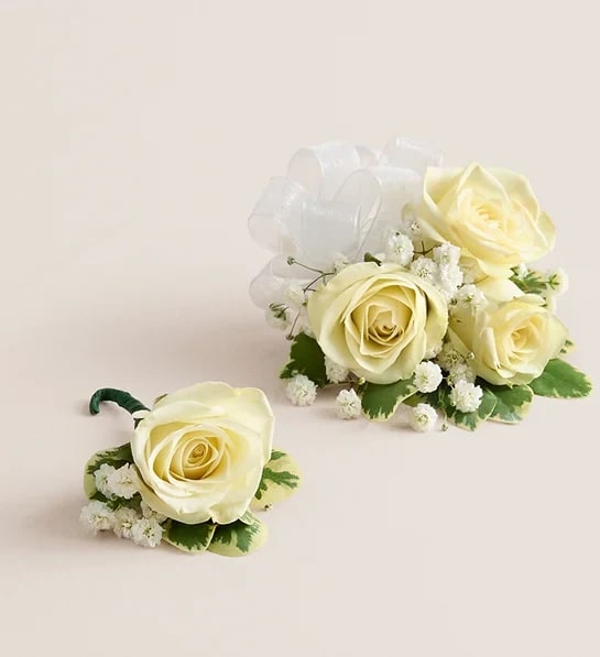 White Spray Rose Corsage & Boutonniere