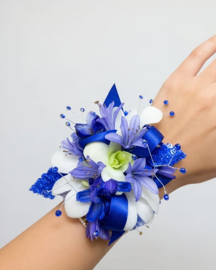 Royal Blue & White Wrist Corsage