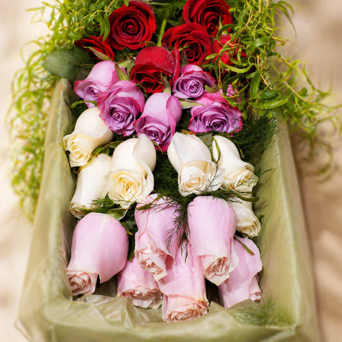 Two-dozen Mixed (24 assorted) ROSES BOXED