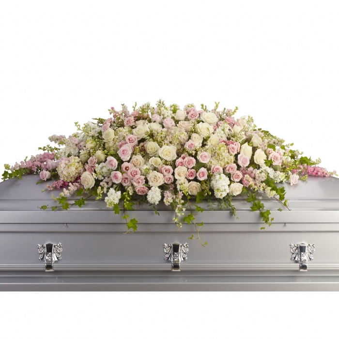 T236-3 Casket Spray - hyd, larkspur, roses, stock, ivy, fern, euc