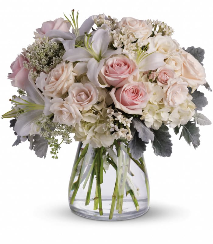 T237-1A  Vase arrangement roses, oriental lilies with a touch of silvery dusty miller
