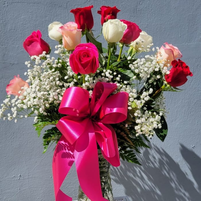 Dozen Pink, Red, & White Roses Vased