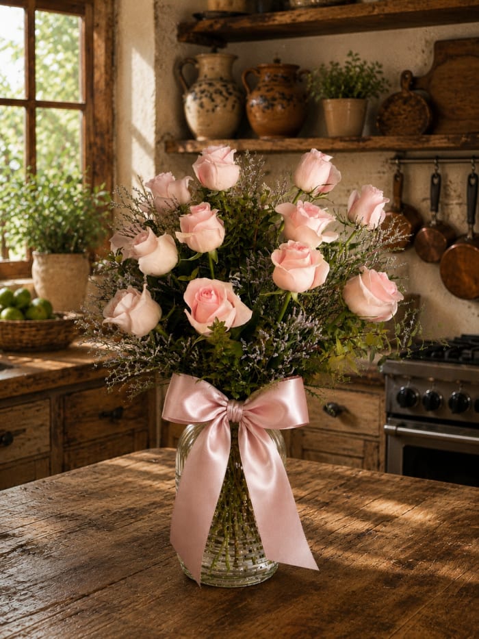 12 Pink Roses In A Vase