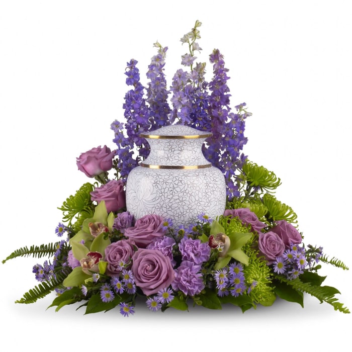 T250-1 Memorial Spray - larkspur, roses, carns, asters, cymbids, fuji mums