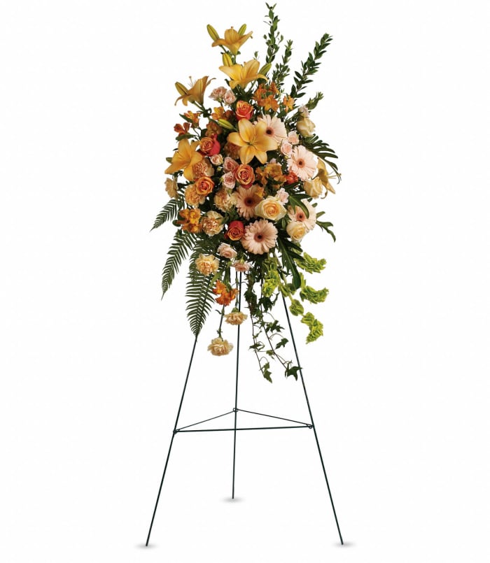 T266-1 Standing Spray- rose, asiatic lily, alstro, carns, bells of ireland, greens
