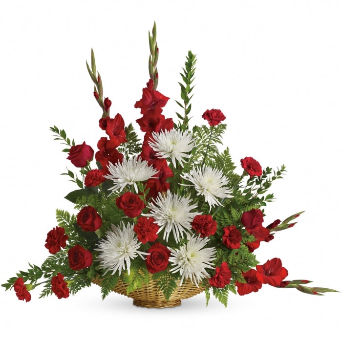 T261-1 Basket -roses,glads,carns, spider mums, accented with greens