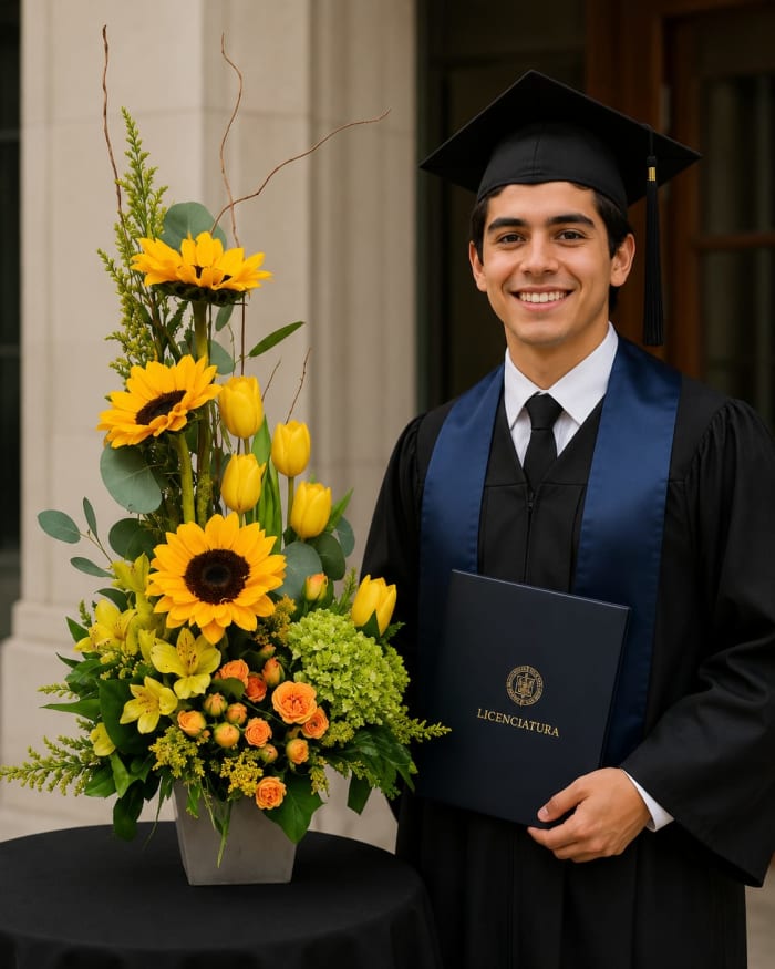 AG-3 Arreglo de graduación de girasoles, tulipanes, hortencias, astromelia y rosas miniaturas