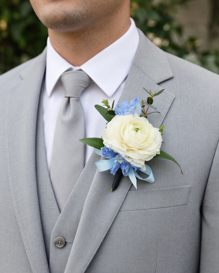 White Ranunculus & Pale Blue Boutonniere