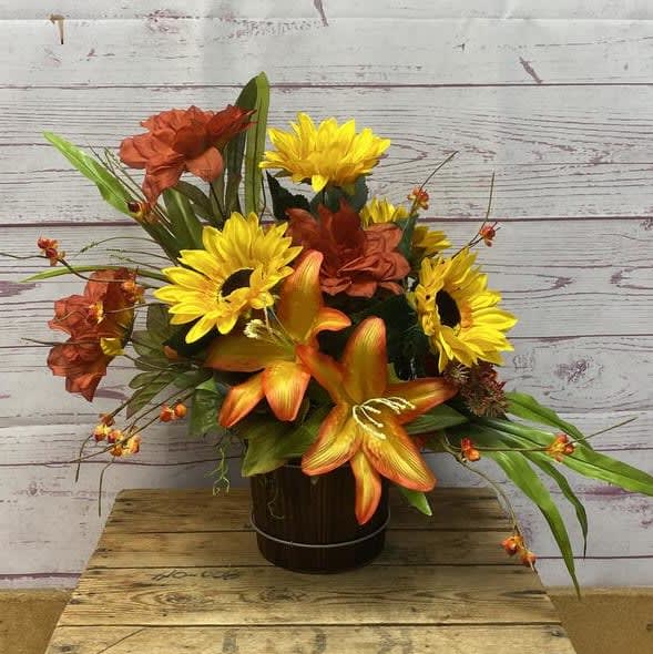 Rustic Fall Watering Pail Silk (Artificial) Arrangement