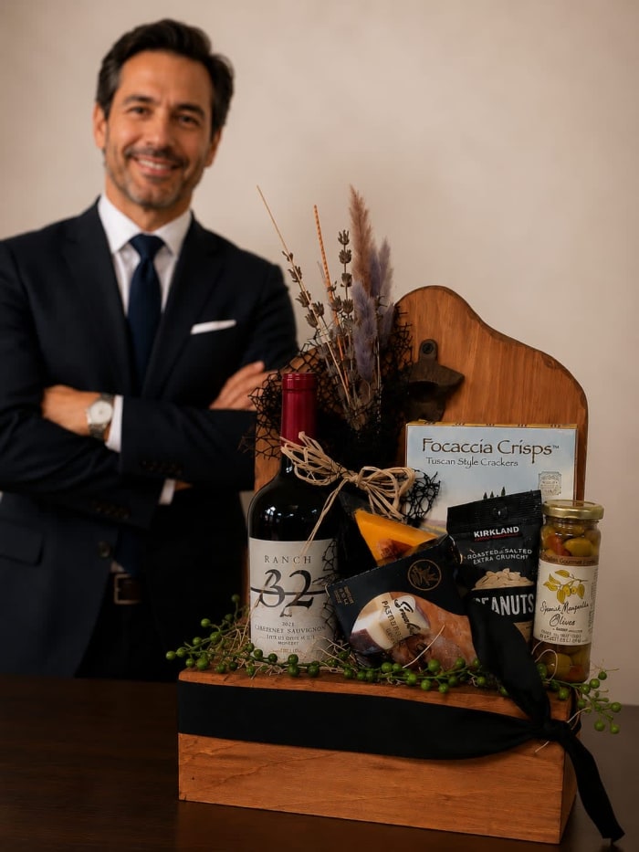 FG-22 Canasta gourmet en base de madera con vino y abrebotellas