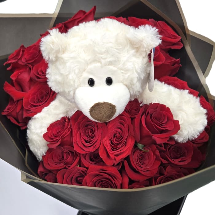 50 Rose Wrapped Bouquet with a Bear