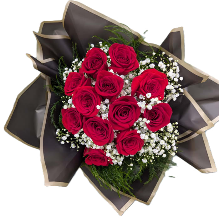 12 Rose Wrapped Bouquet w/ Baby's Breath