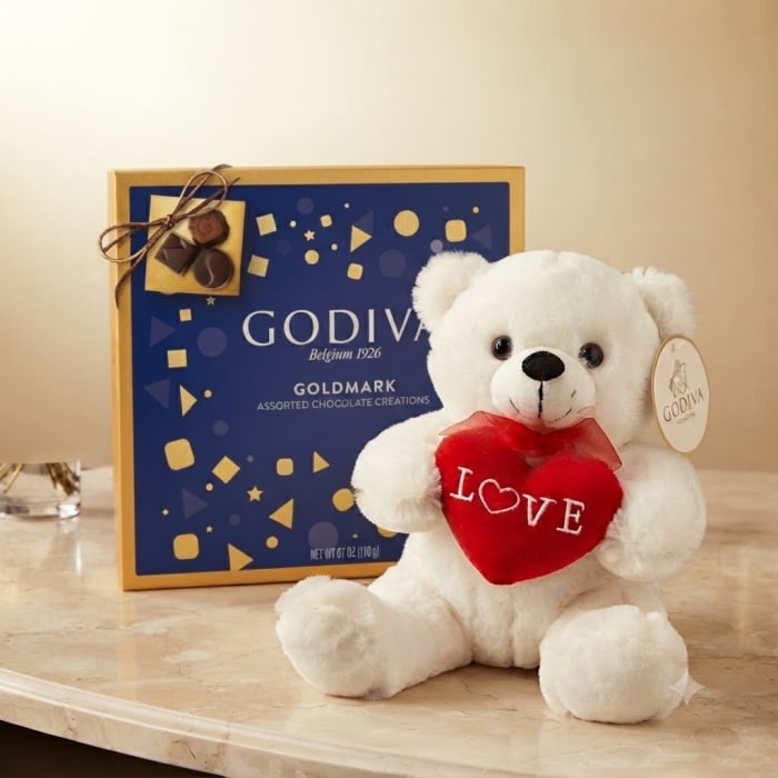 Plush teddy bear with large box of Godiva chocolate EBF-184