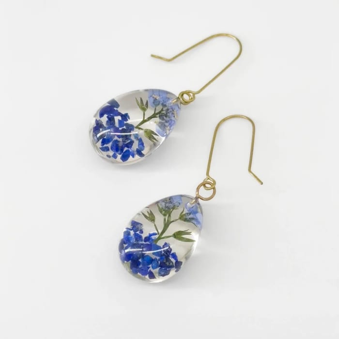 Blue Botanical Resin Flower & Stone Earrings