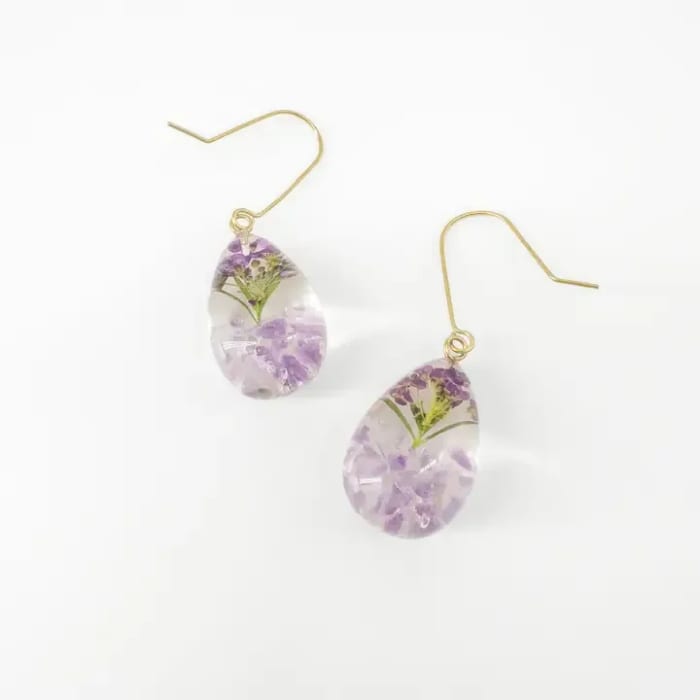 Purple Botanical Resin Flower & Stone Earrings