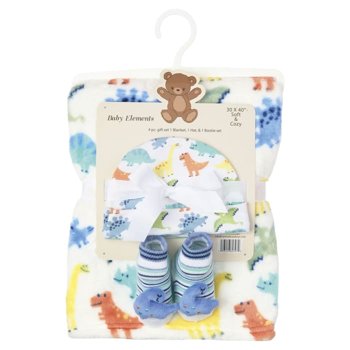 4-Piece Baby Blanket Gift Set with Hat & Booties - Dinosaur