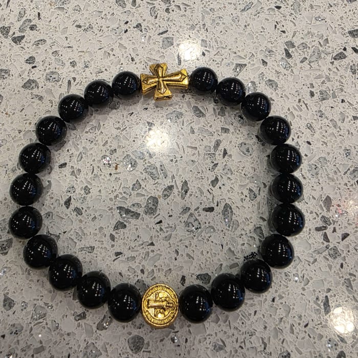 Black Onyx  Bracelet With Gold St Benedict And Gold Cross